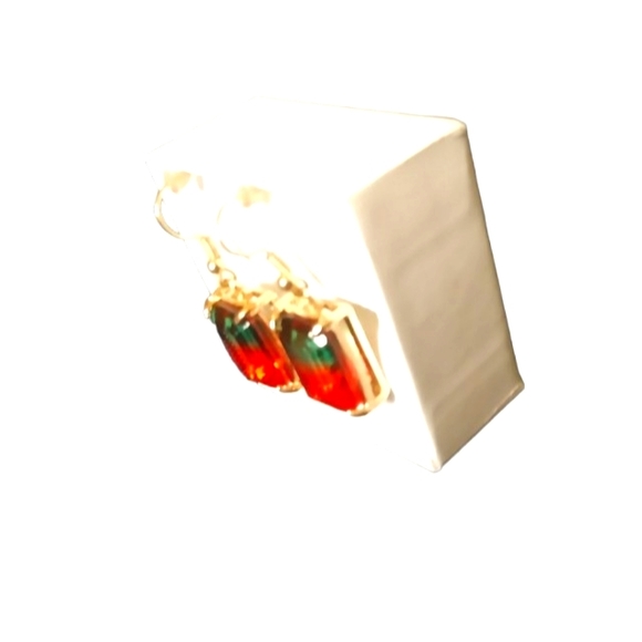 Watermelon Tourmaline Emerald Cut (simulated) Goldtone Dangle Earrings 💎 - Picture 6 of 6